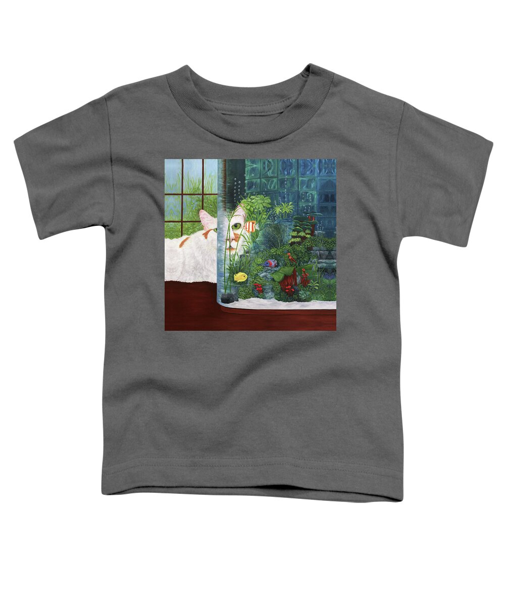 Karen Zuk Rosenblatt Toddler T-Shirt featuring the painting The Cat Aquatic by Karen Zuk Rosenblatt