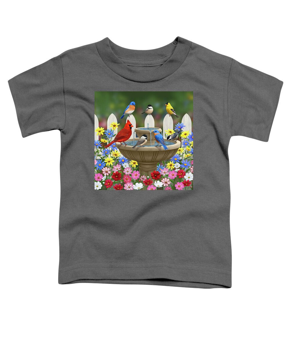 Birds Toddler T-Shirt featuring the painting The Colors of Spring - Bird Fountain in Flower Garden by Crista Forest