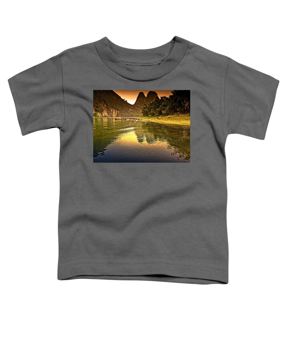 Sunset Toddler T-Shirt featuring the photograph The coming complete peace-China Guilin scenery Lijiang River in Yangshuo by Artto Pan