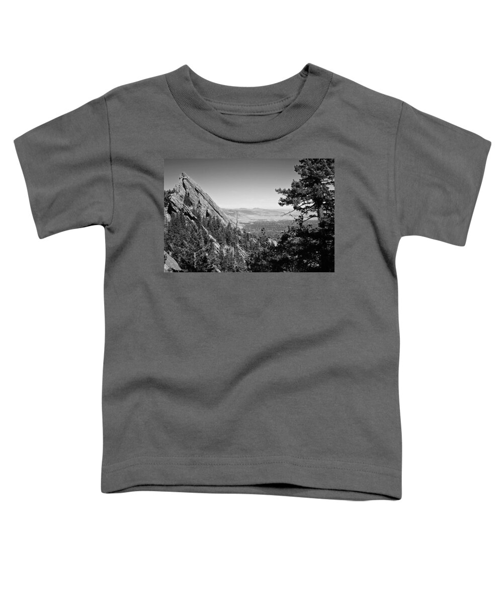 Boulder Toddler T-Shirt featuring the photograph The Flatirons Boulder Colorado from the Royal Arch Black and White by Toby McGuire