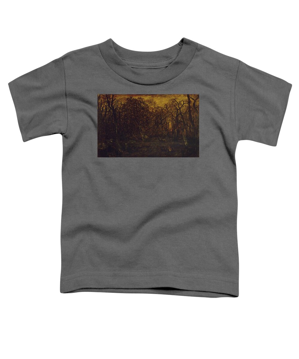 The Forest In Winter At Sunset Toddler T-Shirt featuring the painting The Forest in Winter at Sunset by MotionAge Designs