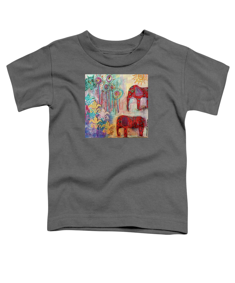 Elephants Toddler T-Shirt featuring the mixed media The Guardians of Night and Day by Mimulux Patricia No