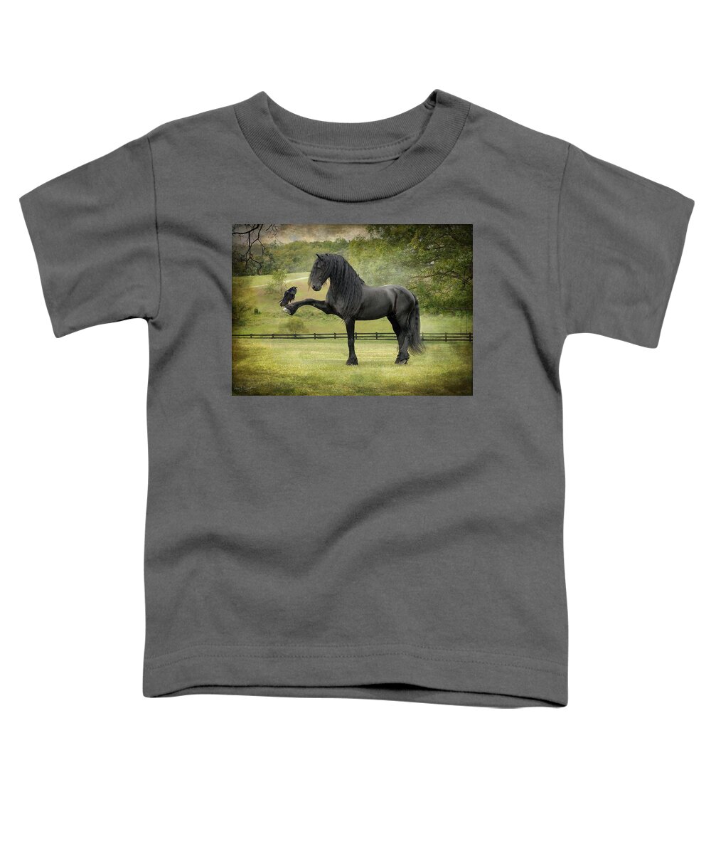 Friesian Horses Toddler T-Shirt featuring the photograph The Harbinger by Fran J Scott