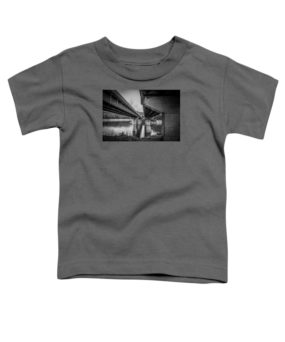 Kelly Hazel Toddler T-Shirt featuring the photograph The Underside of Two Bridges by Kelly Hazel
