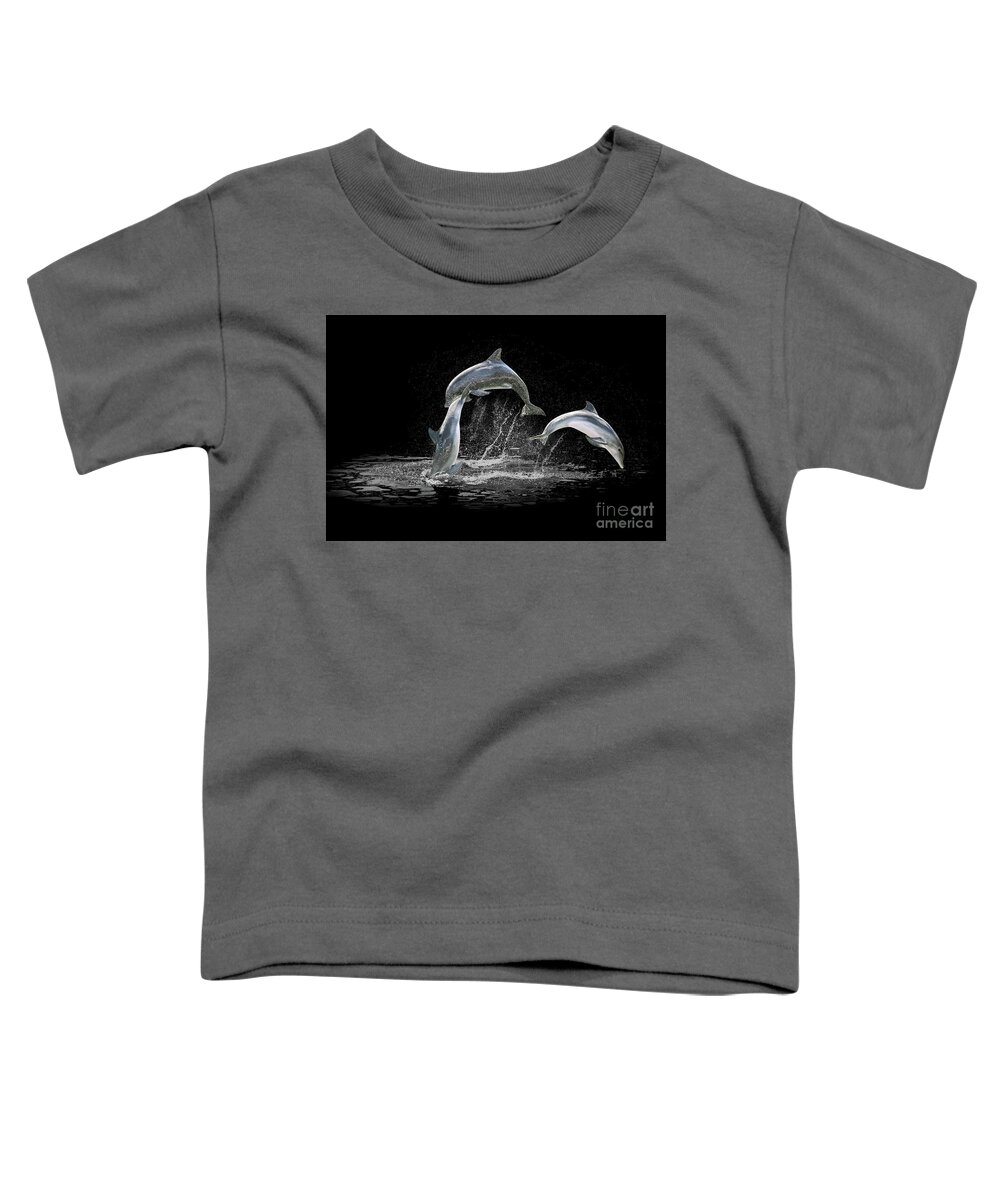 Dolphin Toddler T-Shirt featuring the digital art Three Dolphin jumping by Benny Marty