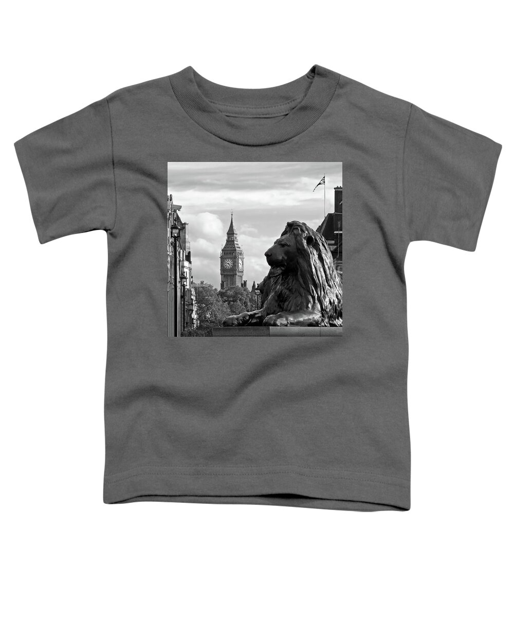 London Toddler T-Shirt featuring the photograph Trafalgar Square Lion with Big Ben in Black and White by Gill Billington
