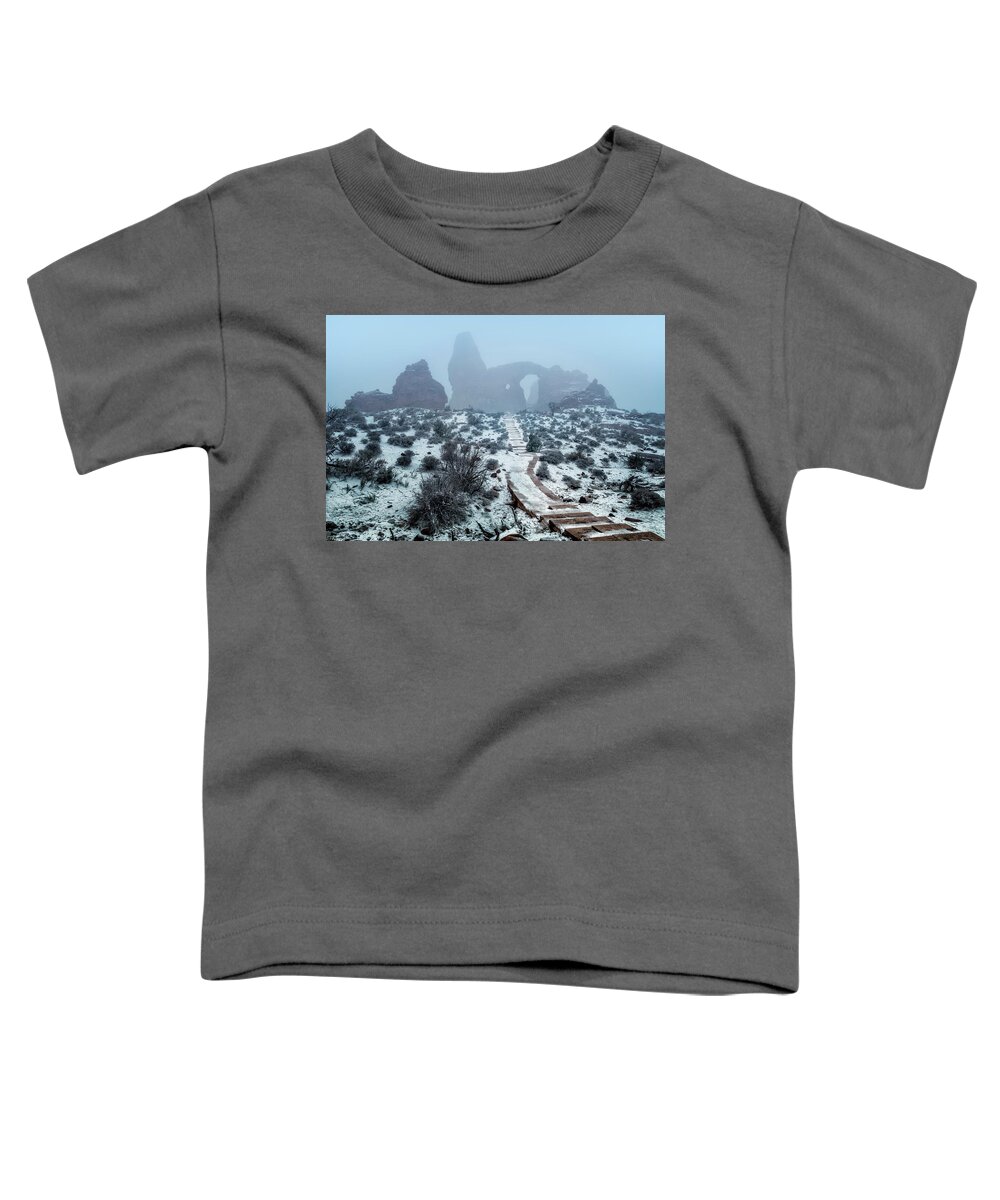 Turret Arch Toddler T-Shirt featuring the photograph Turret Arch in the Fog by Michael Ash