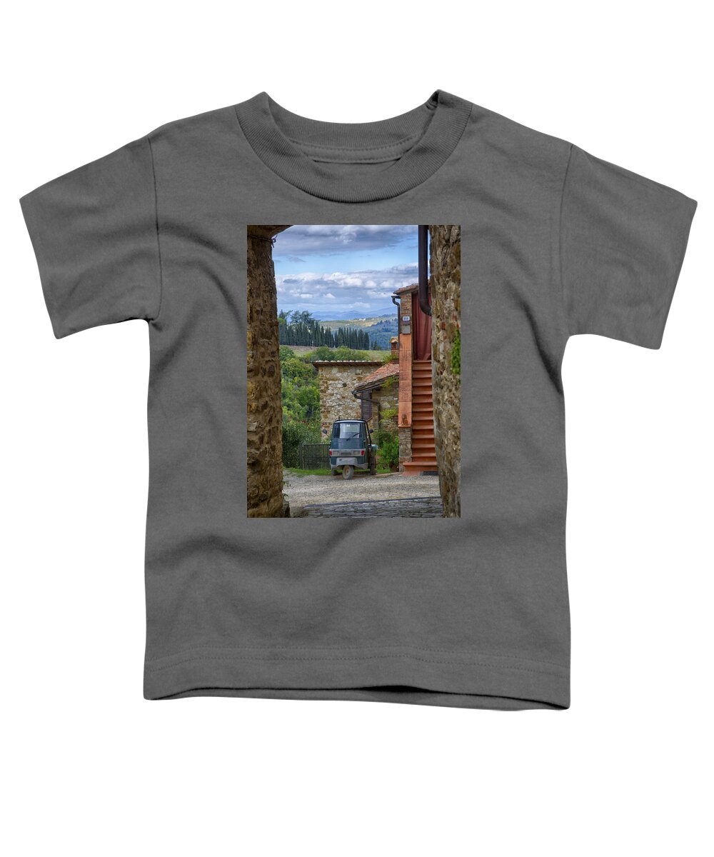 Hill Town Toddler T-Shirt featuring the photograph Tuscany Scooter by Kathy Adams Clark