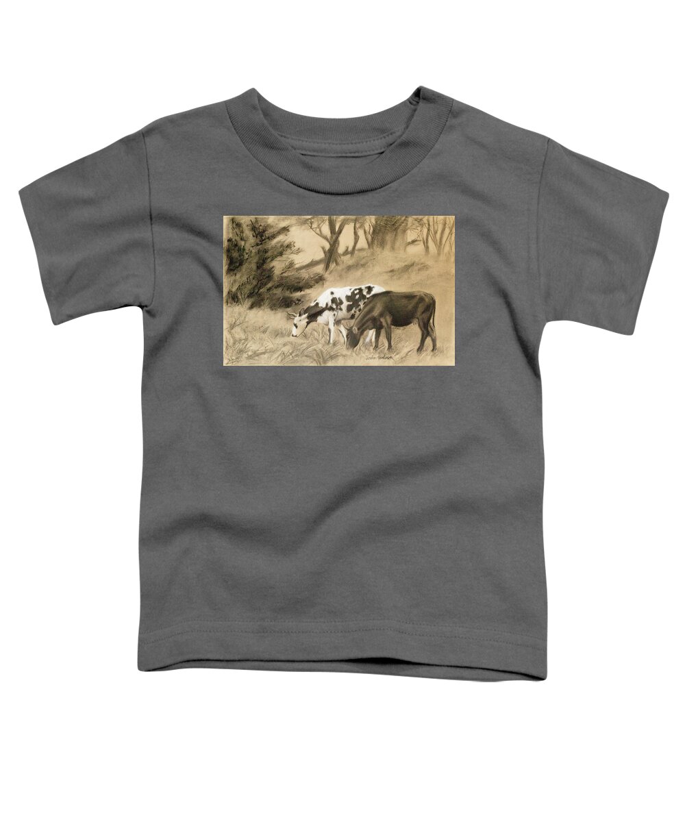 Cows Toddler T-Shirt featuring the drawing Two Cows Grazing by Jordan Henderson