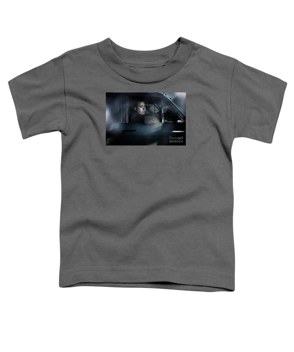 Car Toddler T-Shirt featuring the photograph Underworld man looking out car window in dark by Jorgo Photography