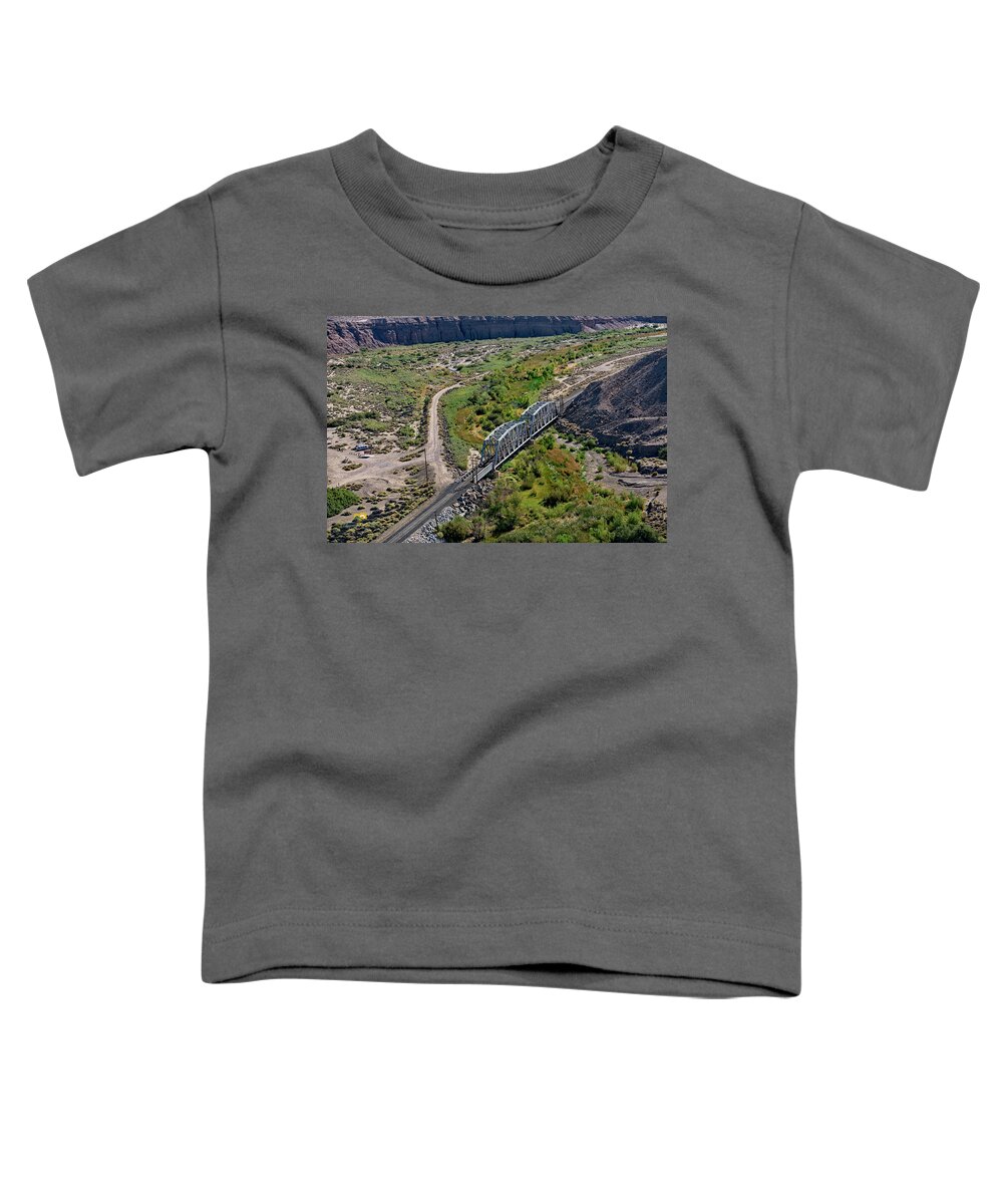 Aerial Shots Toddler T-Shirt featuring the photograph UP Tracks Cross the Mojave River by Jim Thompson