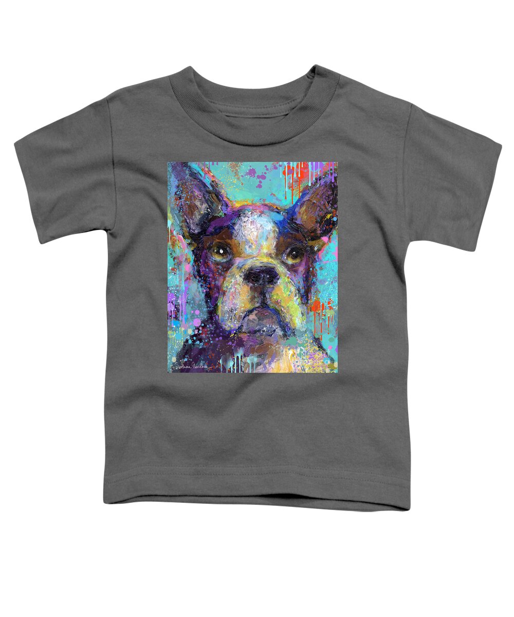 Boston Terrier Toddler T-Shirt featuring the painting Vibrant Whimsical Boston Terrier Puppy dog painting by Svetlana Novikova