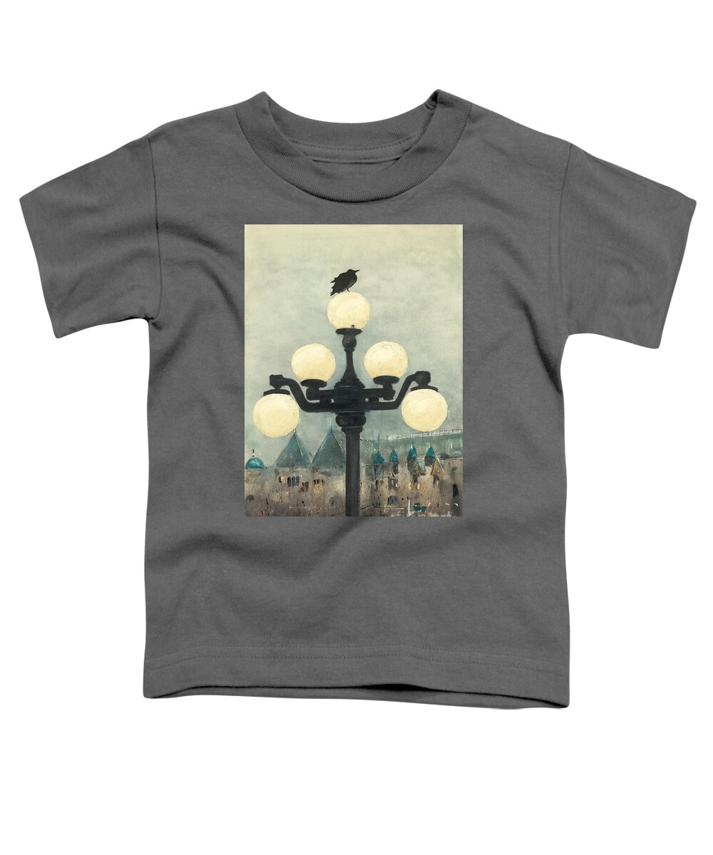 A Blackbird Sets Atop A Street Light In Victoria Toddler T-Shirt featuring the painting Victoria Evening by Monte Toon