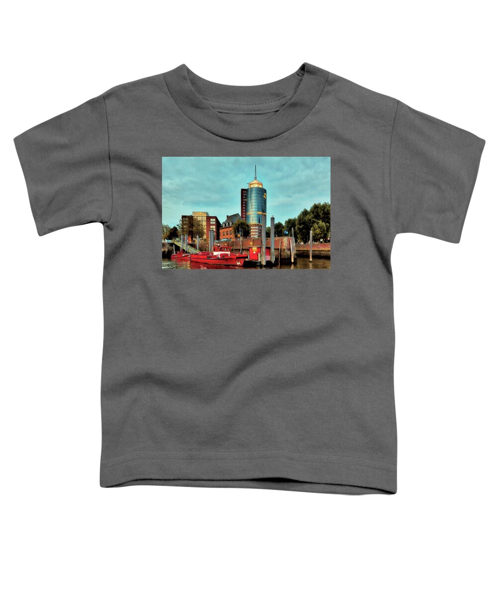 Aquamarine Toddler T-Shirt featuring the photograph View from the water around the river Alster and Elbe, waterfront and warehouse district in Hamburg by Gina Koch