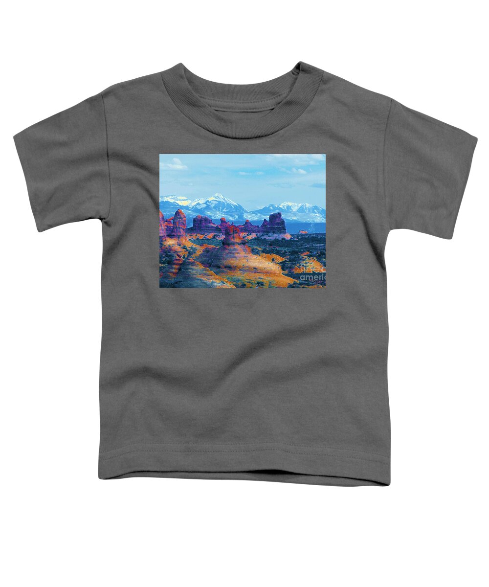 Viewing The La Sals From Arches Toddler T-Shirt featuring the digital art Viewing the La Sals from Arches by Annie Gibbons