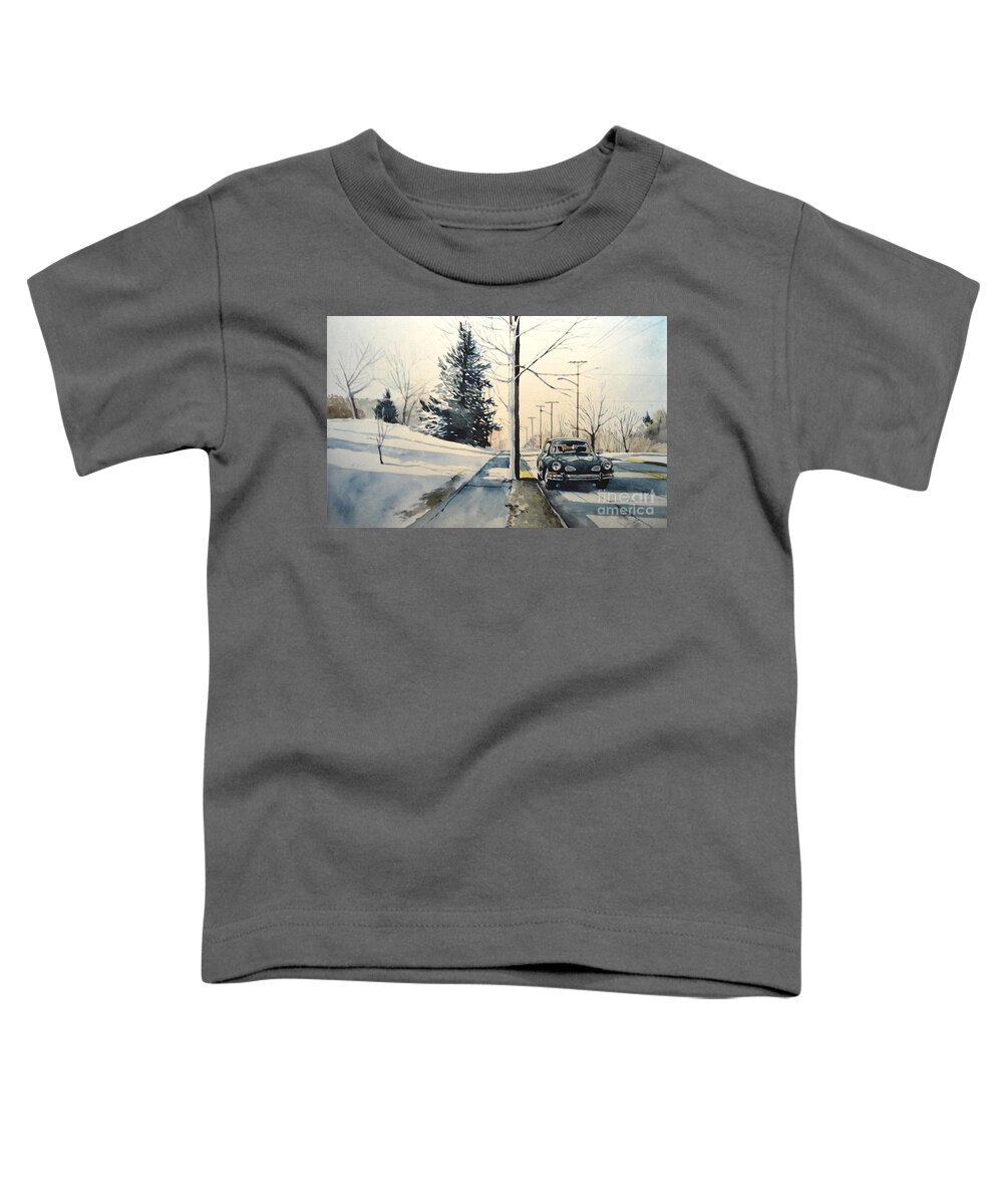 Volkswagen Toddler T-Shirt featuring the painting Volkswagen Karmann Ghia on snowy road by Christopher Shellhammer