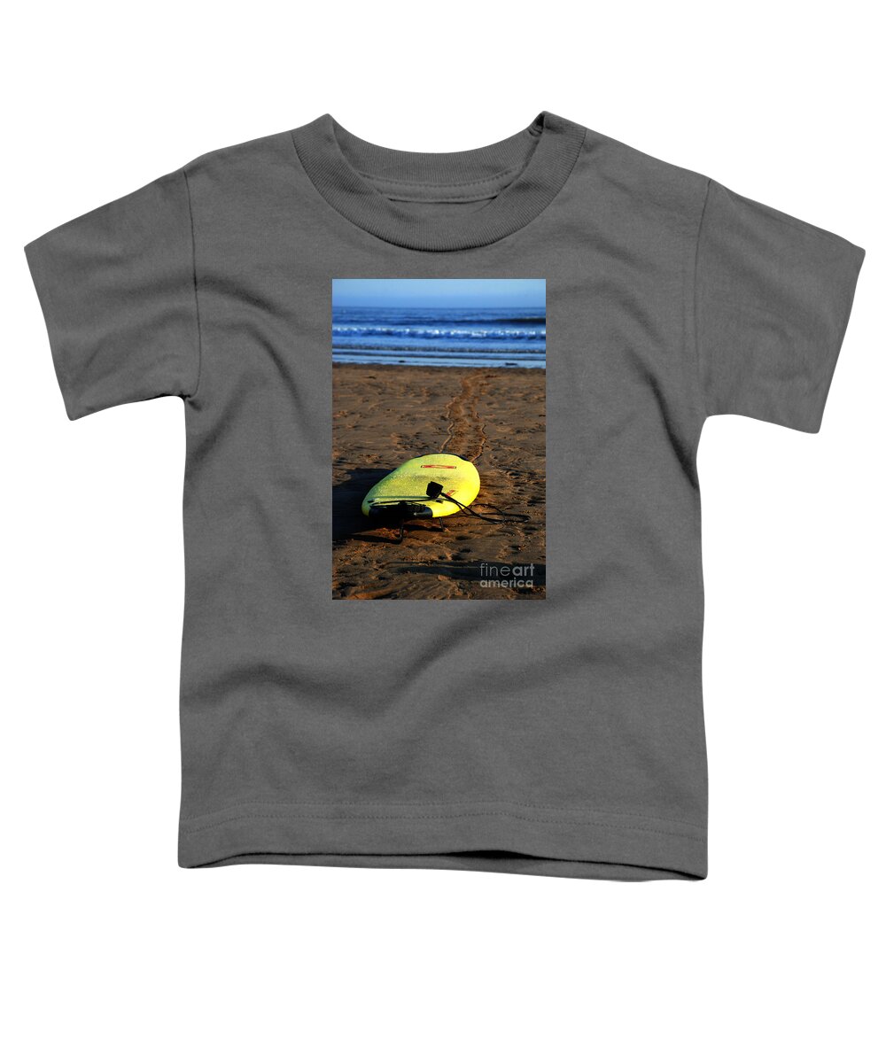 Surf Board Surfing Beach Yellow Waves Sea Horizon Tether Toddler T-Shirt featuring the photograph Waiting for the Big One by Richard Gibb