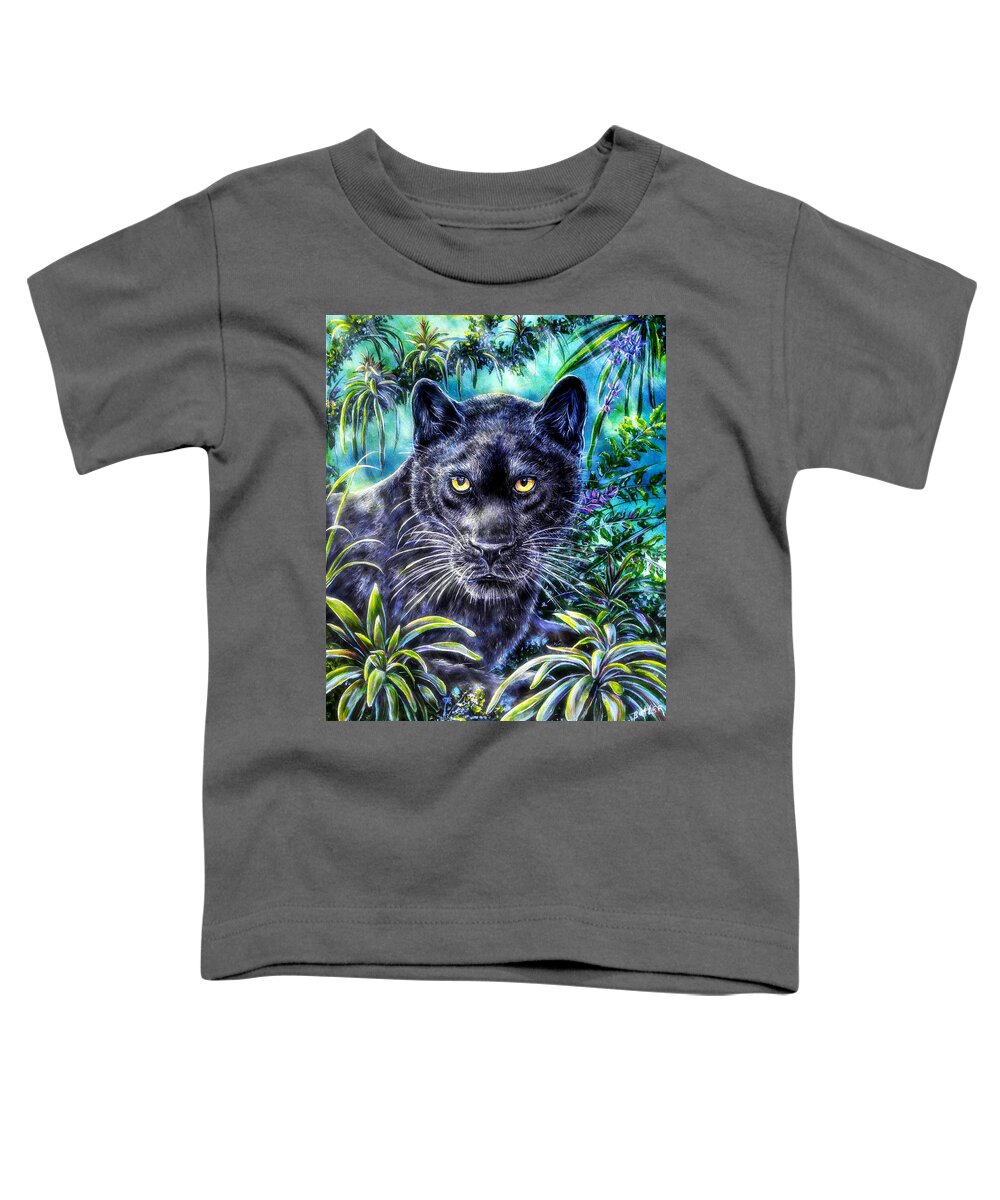 Panther Nature Rain Forest Cat Jungle Blue Green Wildlife Toddler T-Shirt featuring the mixed media Waiting In The Shadows by Gail Butler