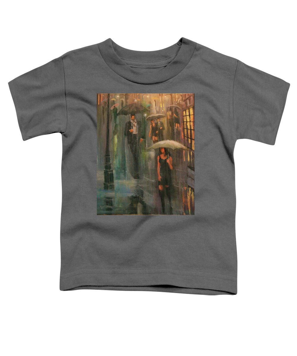  Downpour Toddler T-Shirt featuring the painting Walking in the Rain by Tom Shropshire