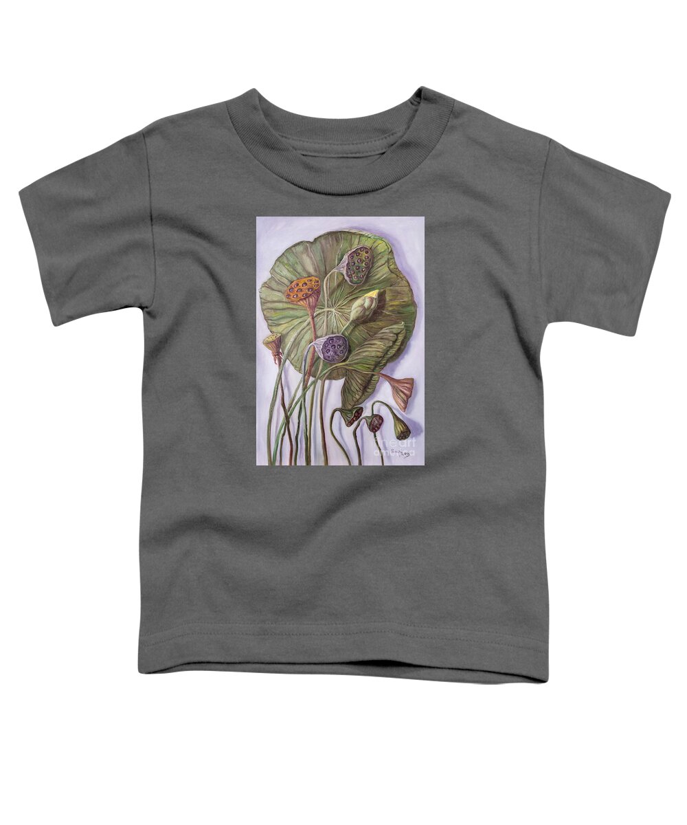 Water Lily Toddler T-Shirt featuring the painting Water Lily Seed Pods Framed By a Leaf by Rand Burns