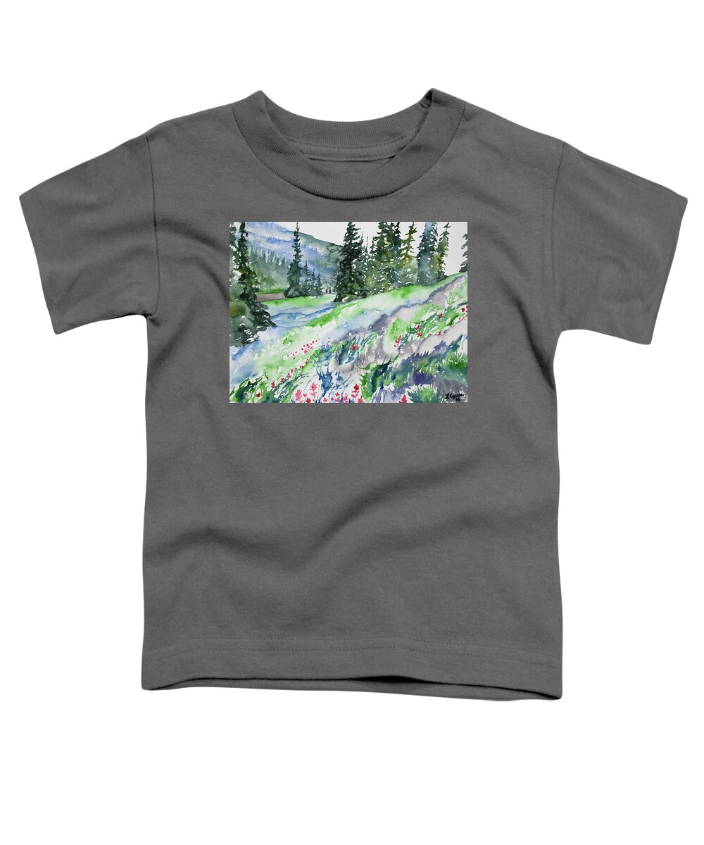 Indian Paintbrush Toddler T-Shirt featuring the painting Watercolor - Mountain Pines and Indian Paintbrush by Cascade Colors