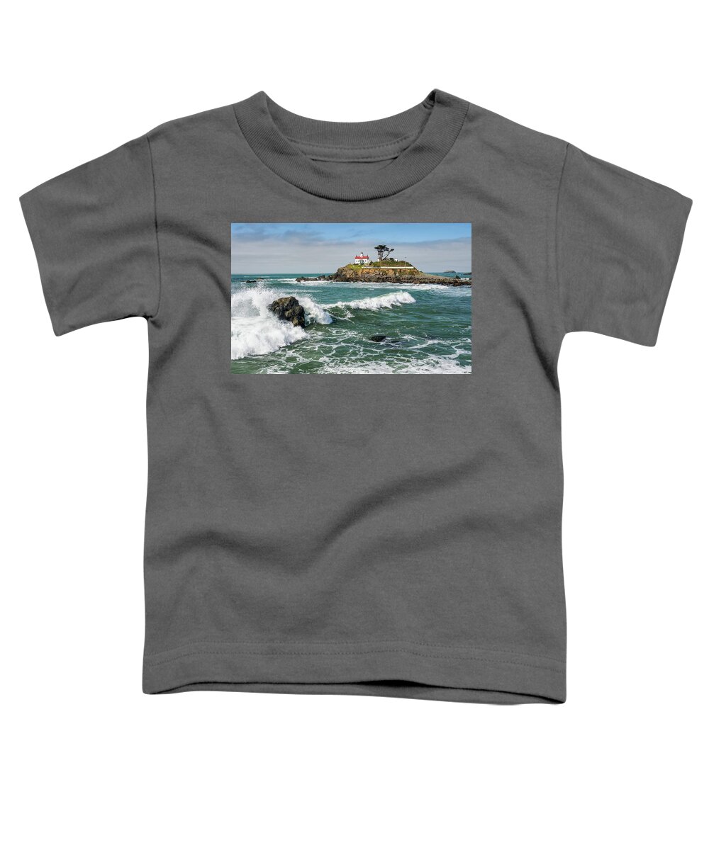 Crescent City Toddler T-Shirt featuring the photograph Wave Break and the Lighthouse by Greg Nyquist
