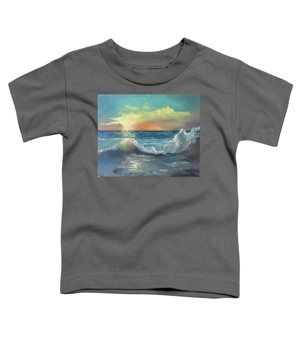 Original Oil Painting Toddler T-Shirt featuring the painting Waves in sunrise by Maria Karlosak