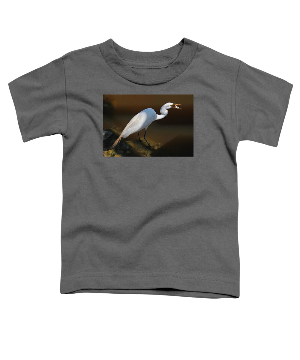 Photograph Toddler T-Shirt featuring the photograph White Egret Fishing for Midday Meal II by Suzanne Gaff