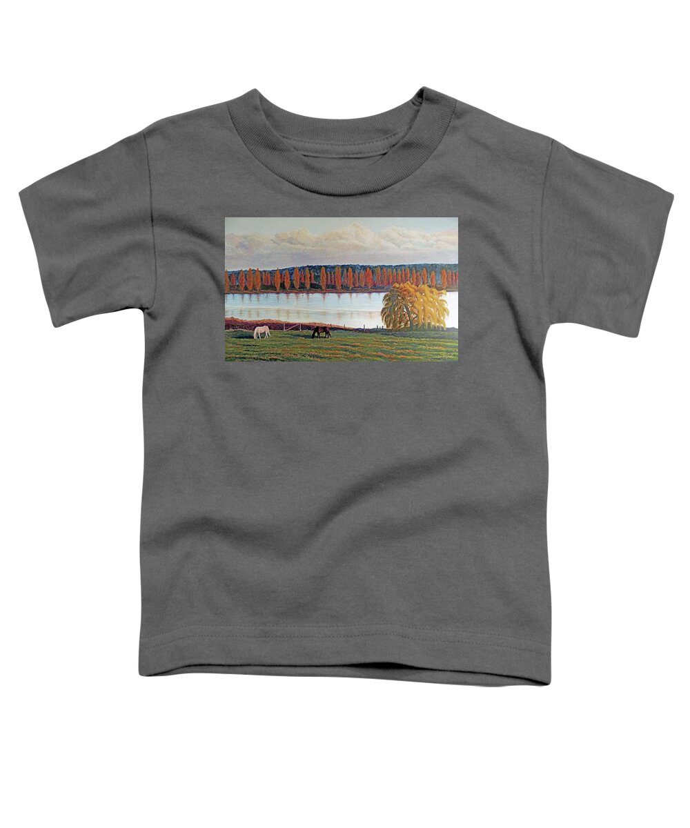 Horse Sunset Toddler T-Shirt featuring the painting White Horse Black Horse by Laurie Stewart