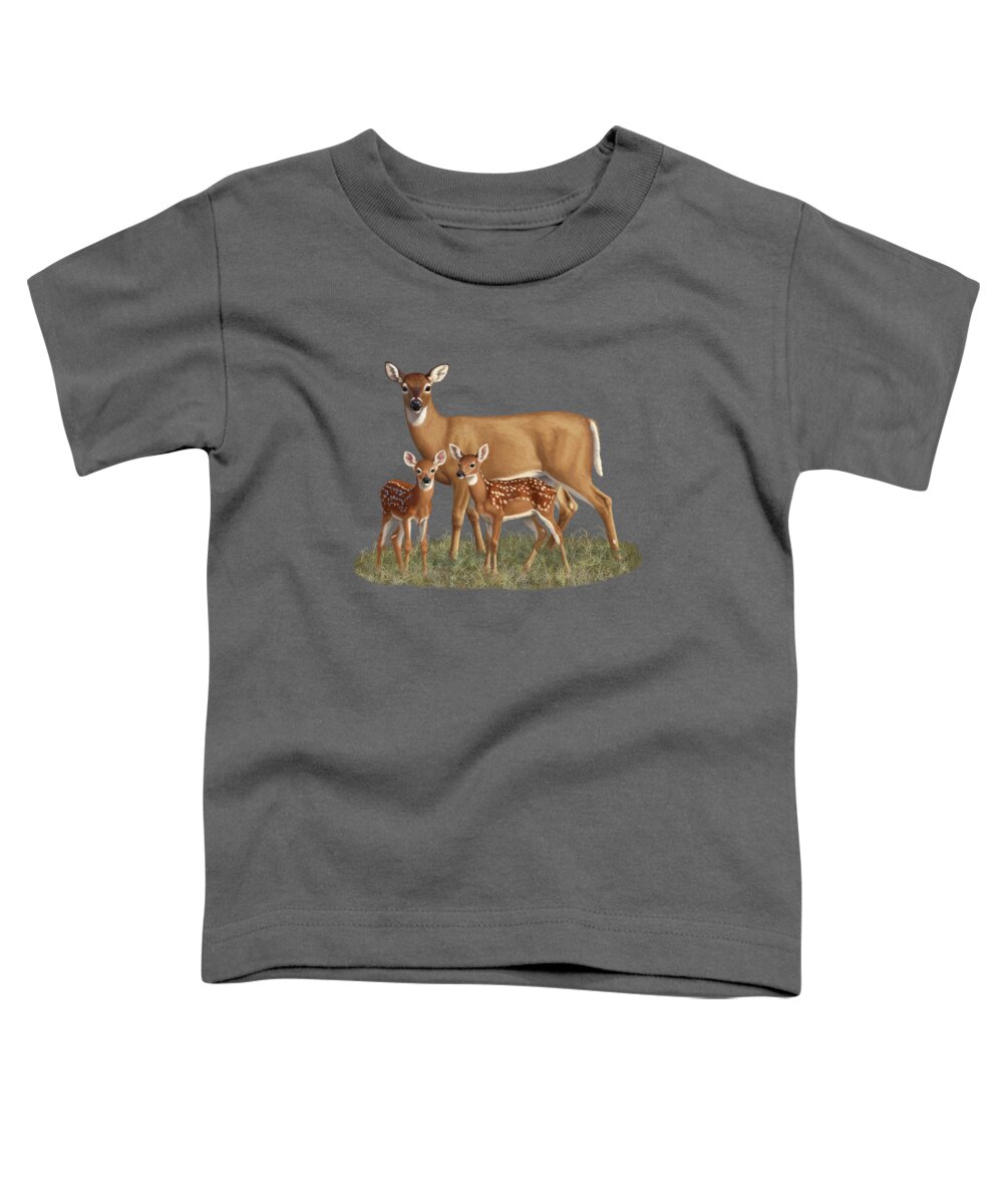 Whitetail Deer Toddler T-Shirt featuring the painting Whitetail Doe and Fawns - Mom's Little Spring Blossoms by Crista Forest
