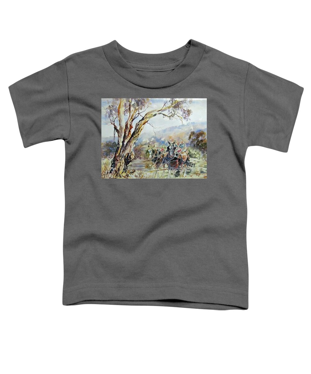 Clydesdale Toddler T-Shirt featuring the painting Working Clydesdale pair, Australian landscape. by Ryn Shell