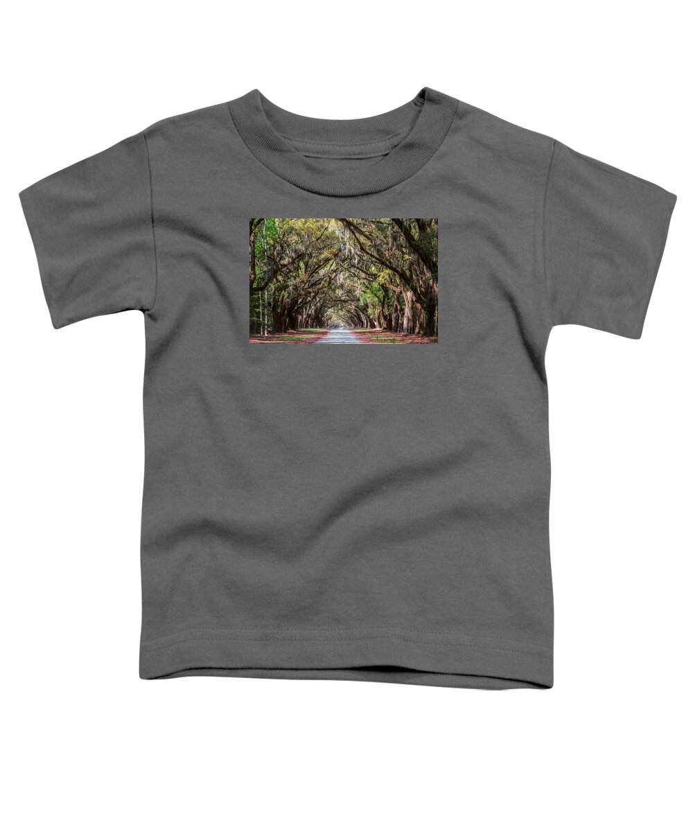 Savannah Toddler T-Shirt featuring the photograph Wormsloe Plantation Oaks by Joan Carroll