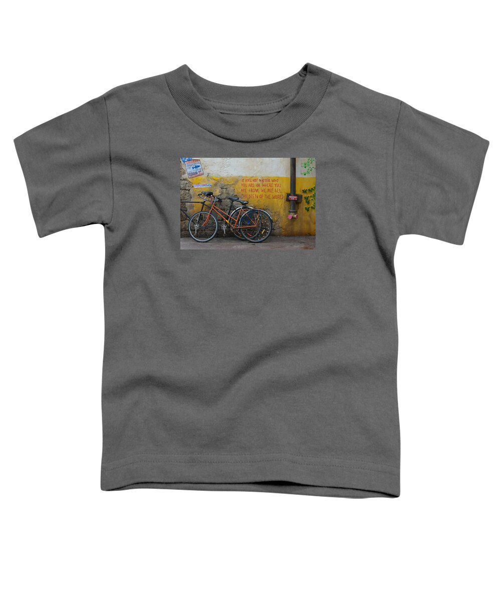 Quote Toddler T-Shirt featuring the photograph Writing On The Wall by Carolyn Mickulas
