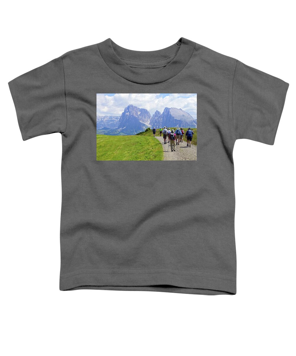 Italy Toddler T-Shirt featuring the photograph Hikers walking towards the Langkofel #1 by Steve Estvanik