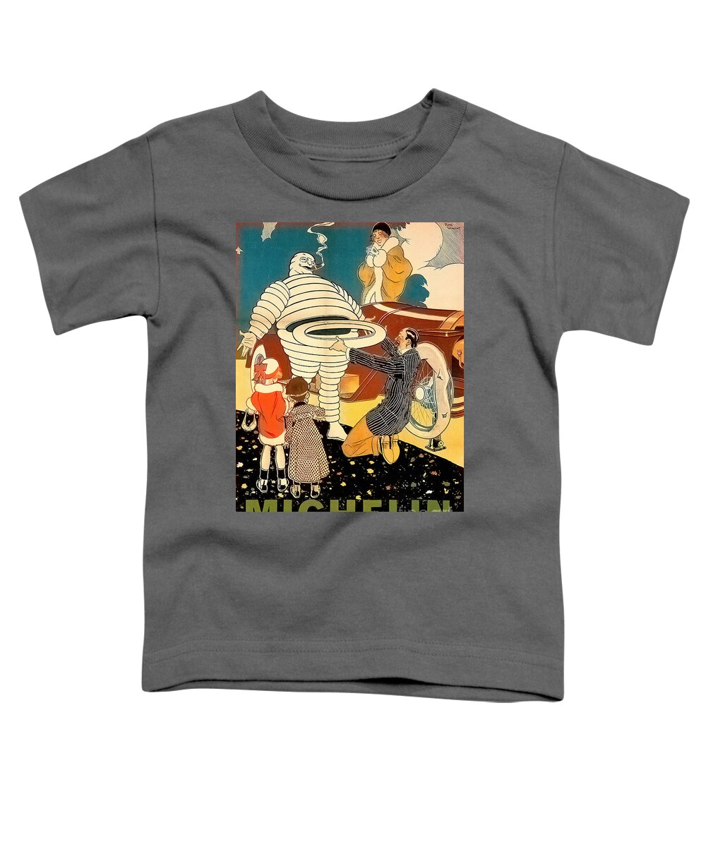 Vintage Toddler T-Shirt featuring the mixed media 1920s Michelin Bibendum Tire Man With Car And Children by Retrographs