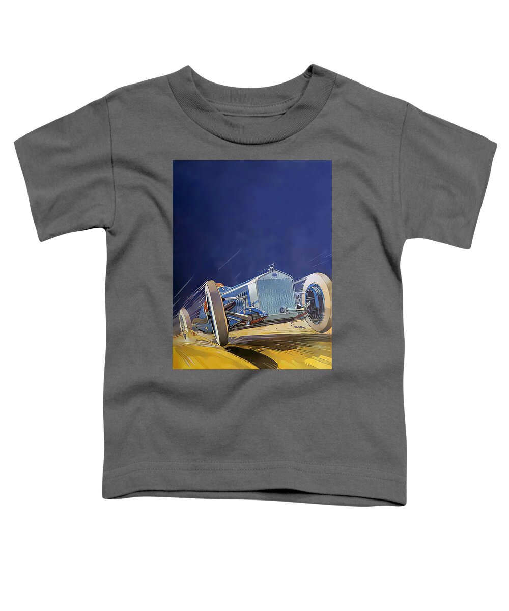 Vintage Toddler T-Shirt featuring the mixed media 1926 Delage Racing Car At Speed Dramatic Perspective Original French Art Deco Illustration by Retrographs