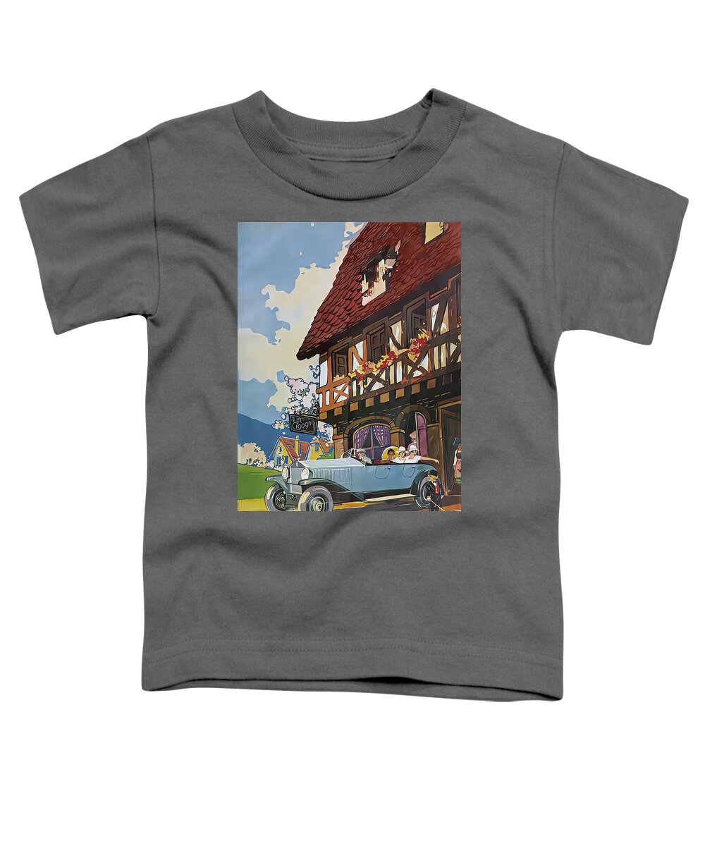 Vintage Toddler T-Shirt featuring the mixed media 1926 Lancia Touring Car With Passengers Tavern Setting Original French Art Deco Illustration by Retrographs