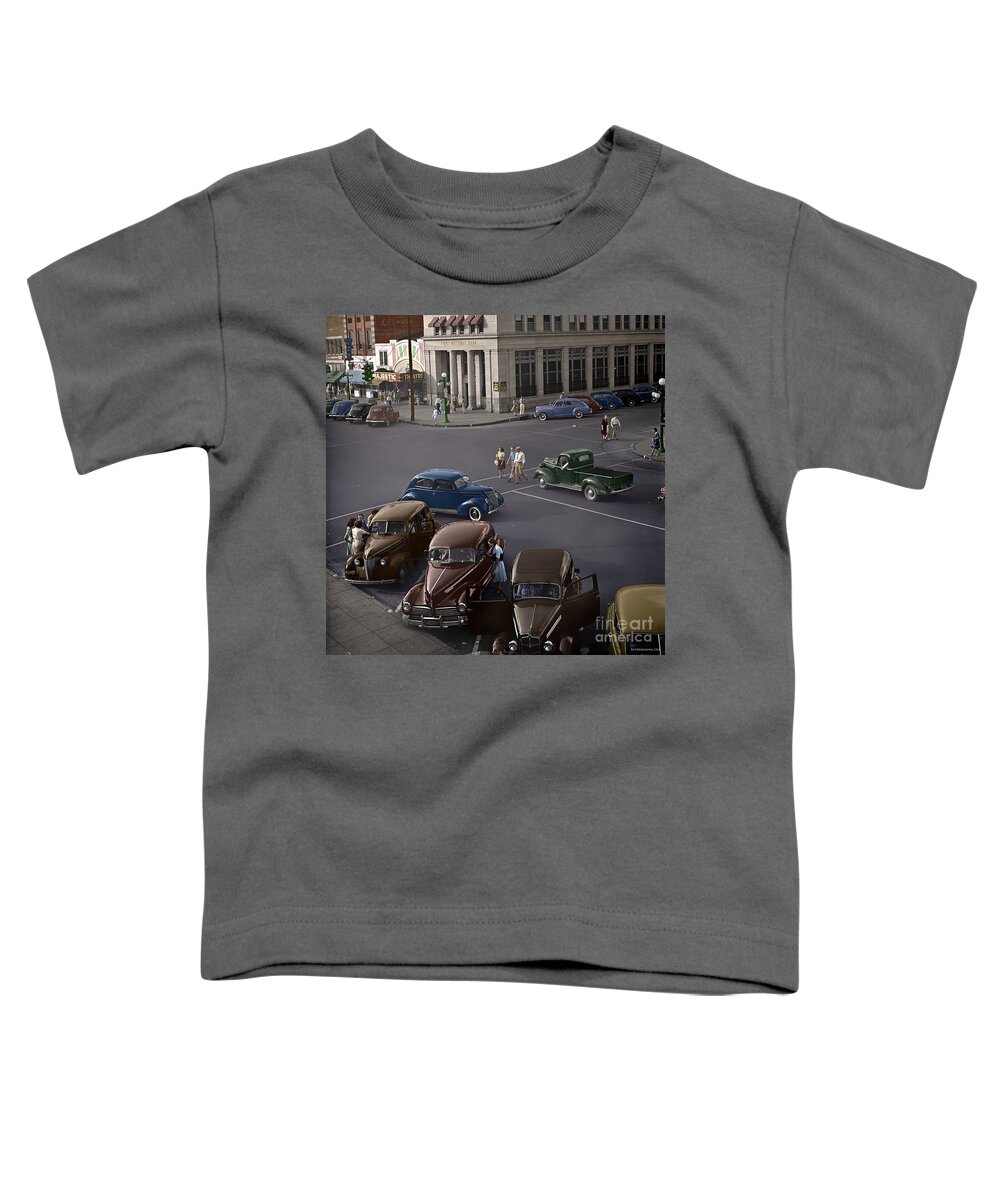 Vintage Toddler T-Shirt featuring the photograph 1940s City Square Colorized Image by Retrographs