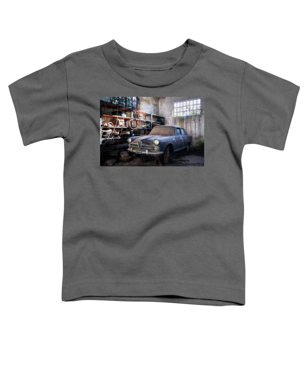 Urban Toddler T-Shirt featuring the photograph Abandoned Car in Garage by Roman Robroek