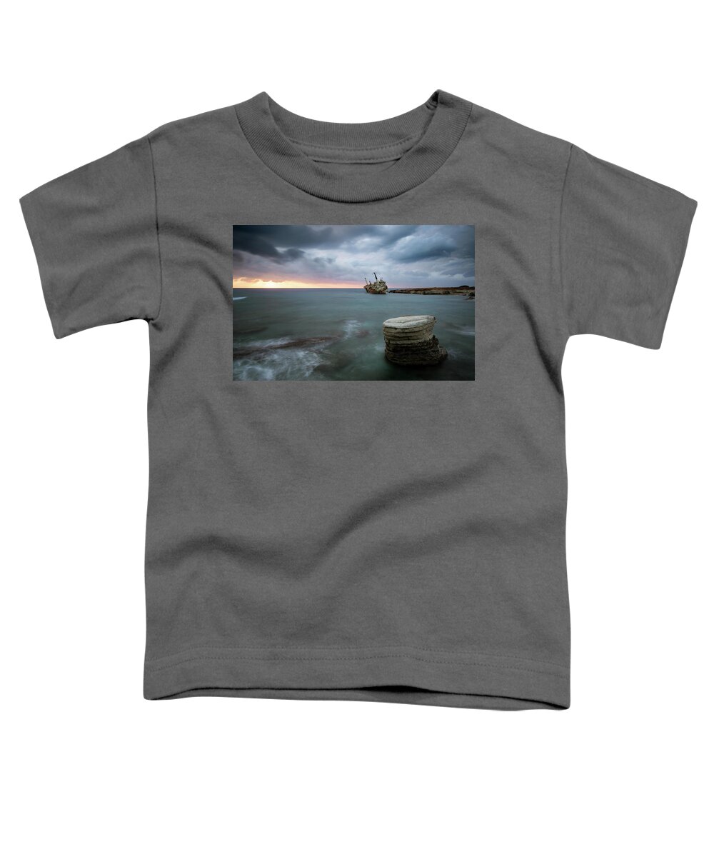 Seascape; Coastline; Sunset; Sundown Toddler T-Shirt featuring the photograph Abandoned Ship EDRO III Cyprus by Michalakis Ppalis