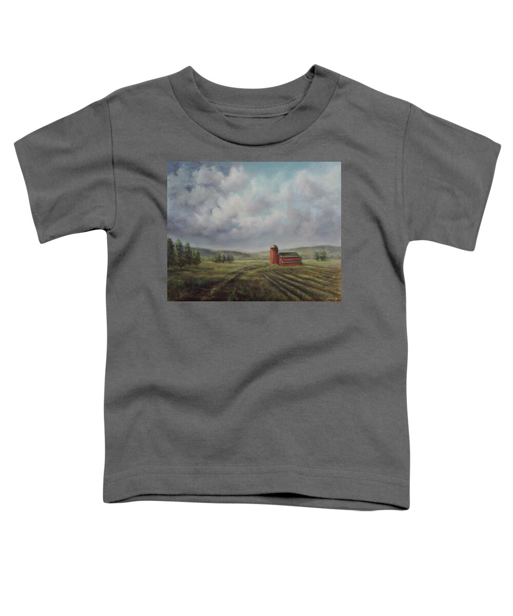 American Landscape Toddler T-Shirt featuring the painting American scene Red Barn by Katalin Luczay
