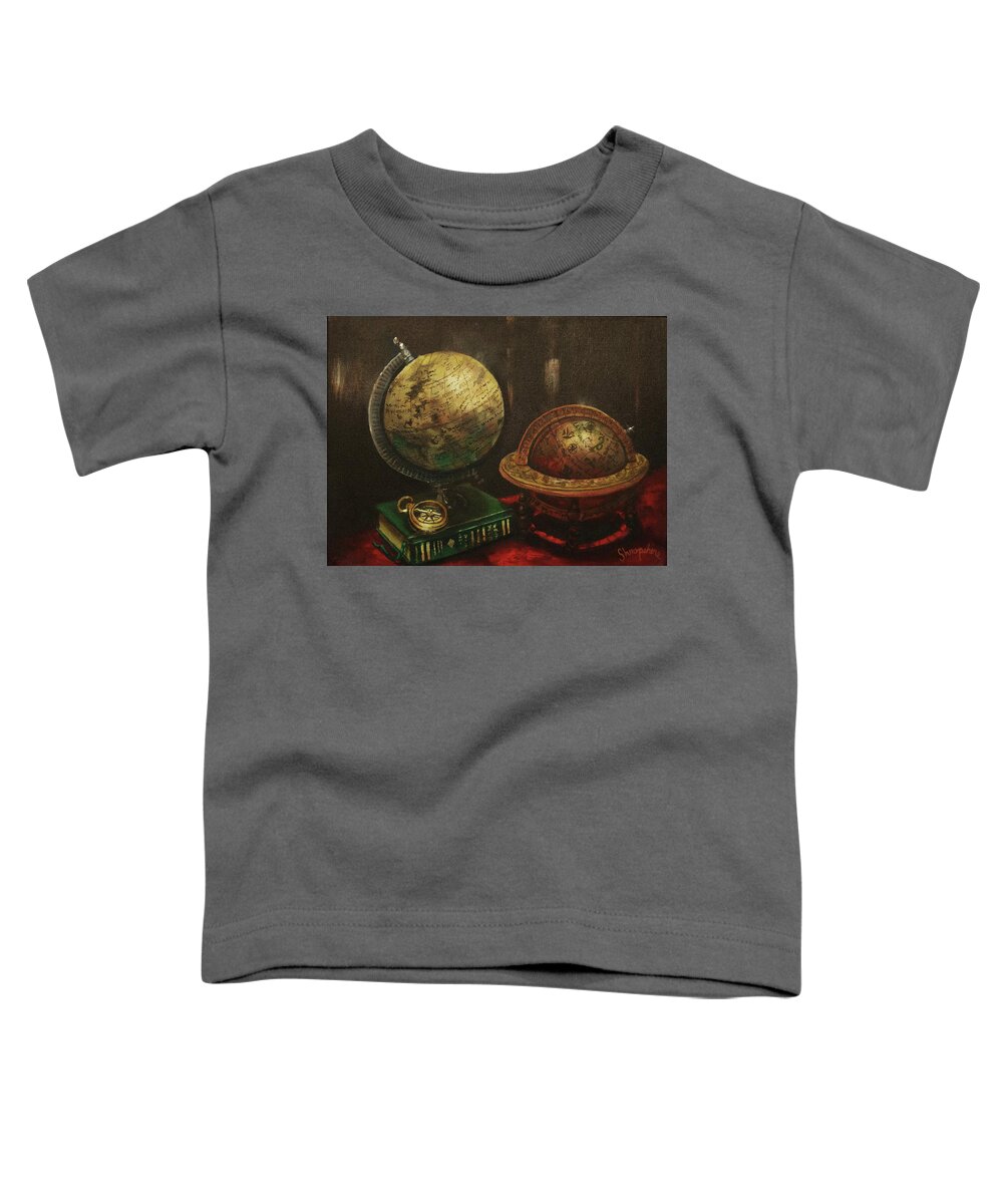 Explorers’ Club Toddler T-Shirt featuring the painting Armchair Traveler by Tom Shropshire