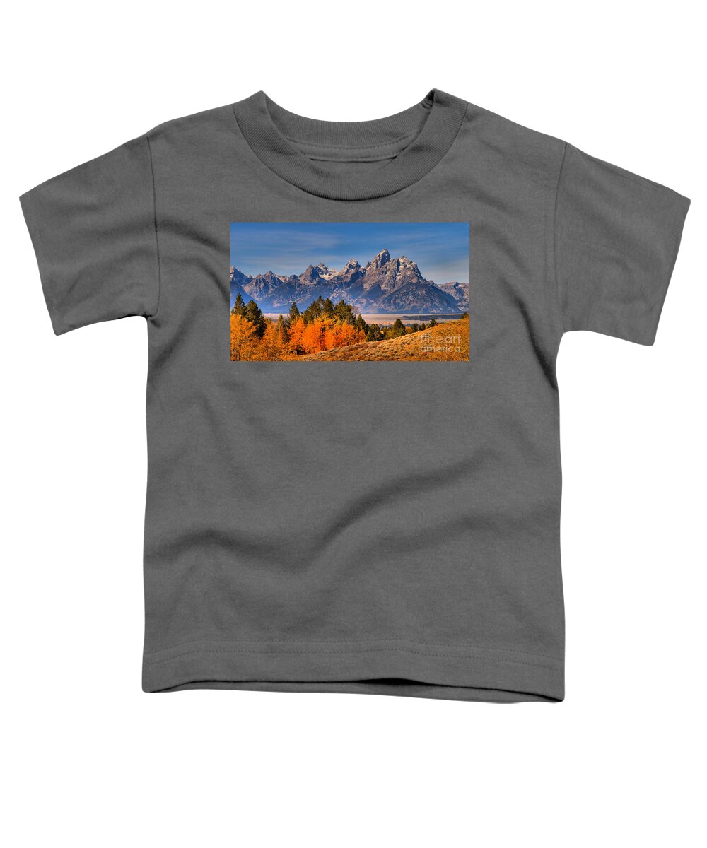 Grand Teton Toddler T-Shirt featuring the photograph Autumn Gold In The Tetons by Adam Jewell