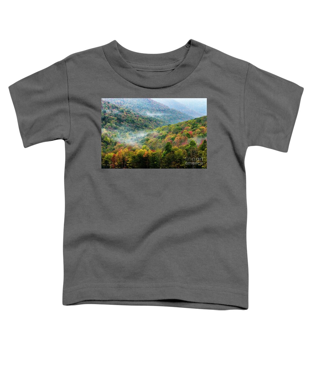 Autumn Toddler T-Shirt featuring the photograph Autumn Hillsides with Mist by Thomas R Fletcher