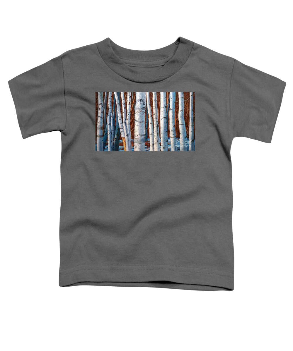 Birch Toddler T-Shirt featuring the painting Birch Trees in early winter in painting by Christopher Shellhammer