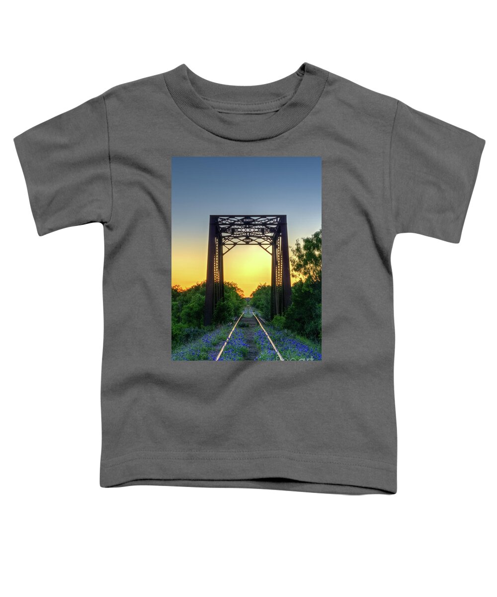 Bluebonnets Toddler T-Shirt featuring the photograph Bluebonnets on the abandoned railroad by Paul Quinn