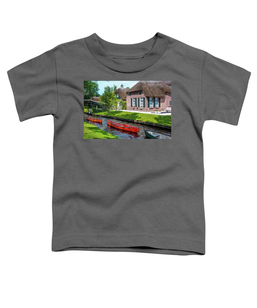 Jenny Rainbow Fine Art Photography Toddler T-Shirt featuring the photograph Boats in a Row. Giethoorn. The Netherlands by Jenny Rainbow