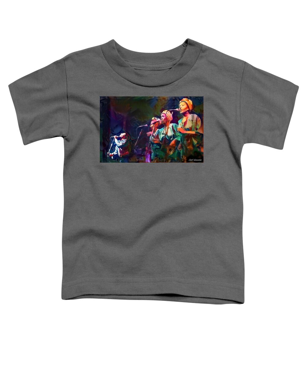 Bob Marley Toddler T-Shirt featuring the mixed media Bob Marley and the I Threes by Carl Gouveia
