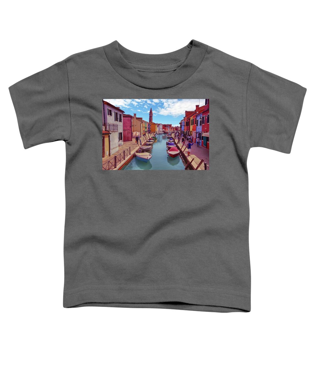 Brightly Toddler T-Shirt featuring the photograph Brightly painted houses and small boats in canal by Steve Estvanik