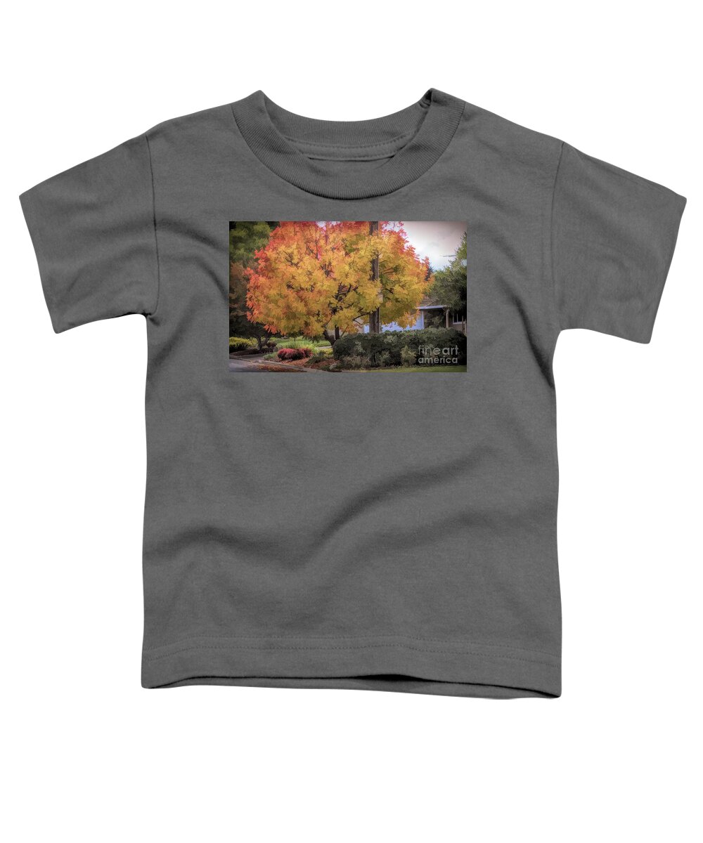 Autumn Toddler T-Shirt featuring the digital art Brilliant Fall Color Tree Yellows Oranges Seasons by Chuck Kuhn